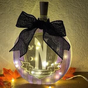 Handmade Nevermore Wednesday  Decorative Decoupage Light-Up Glass Lamp